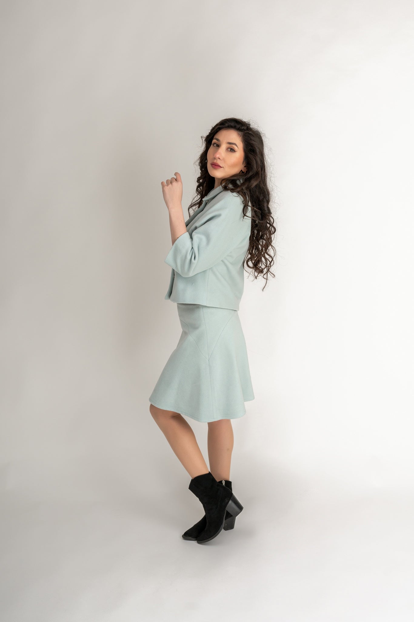 “Tiara“ Coat /  “Arielle“ Skirt 100 % Wool Set In Aquamarine