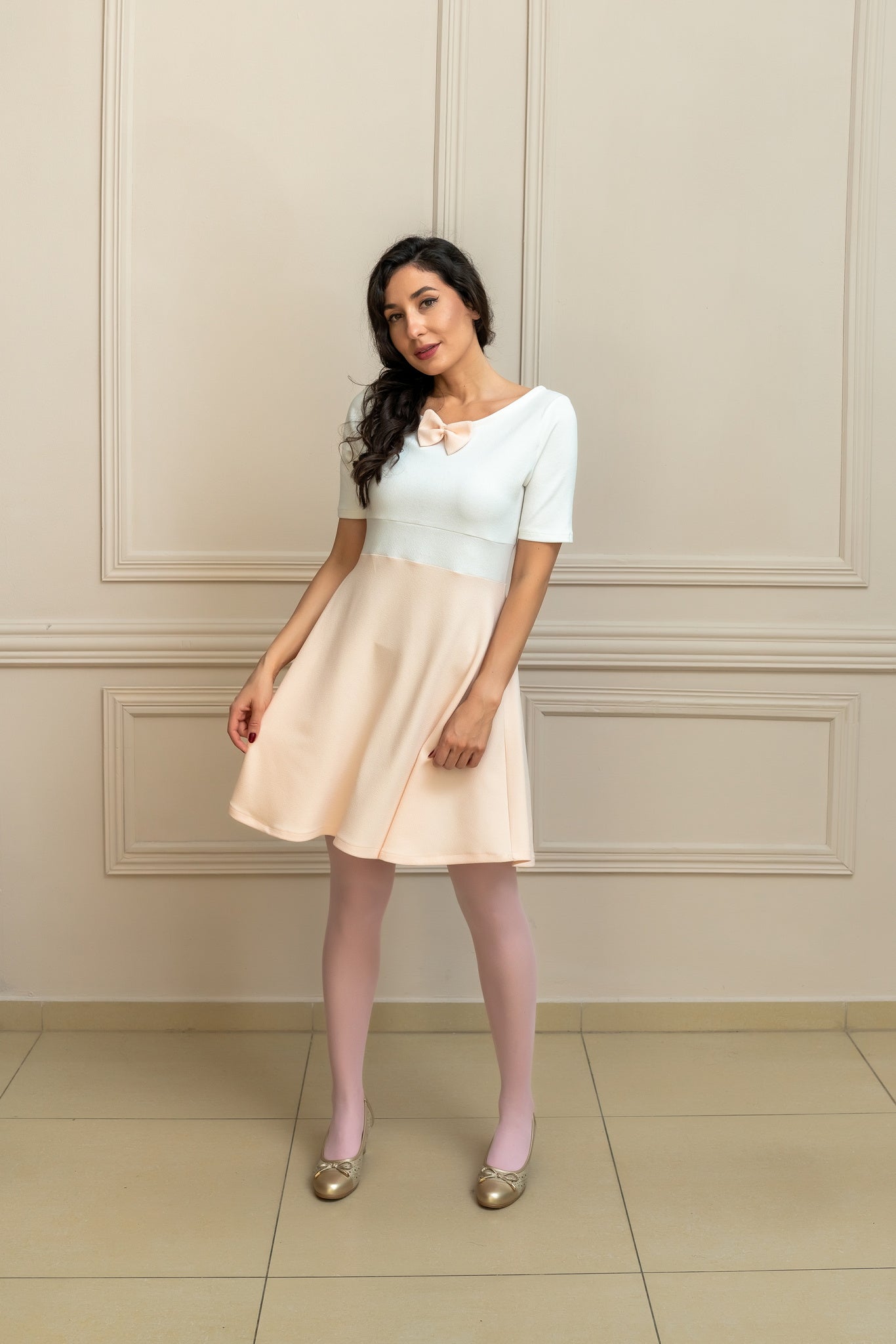 "Meli" Coquette Bow Dress In Ivory And Rose Pink
