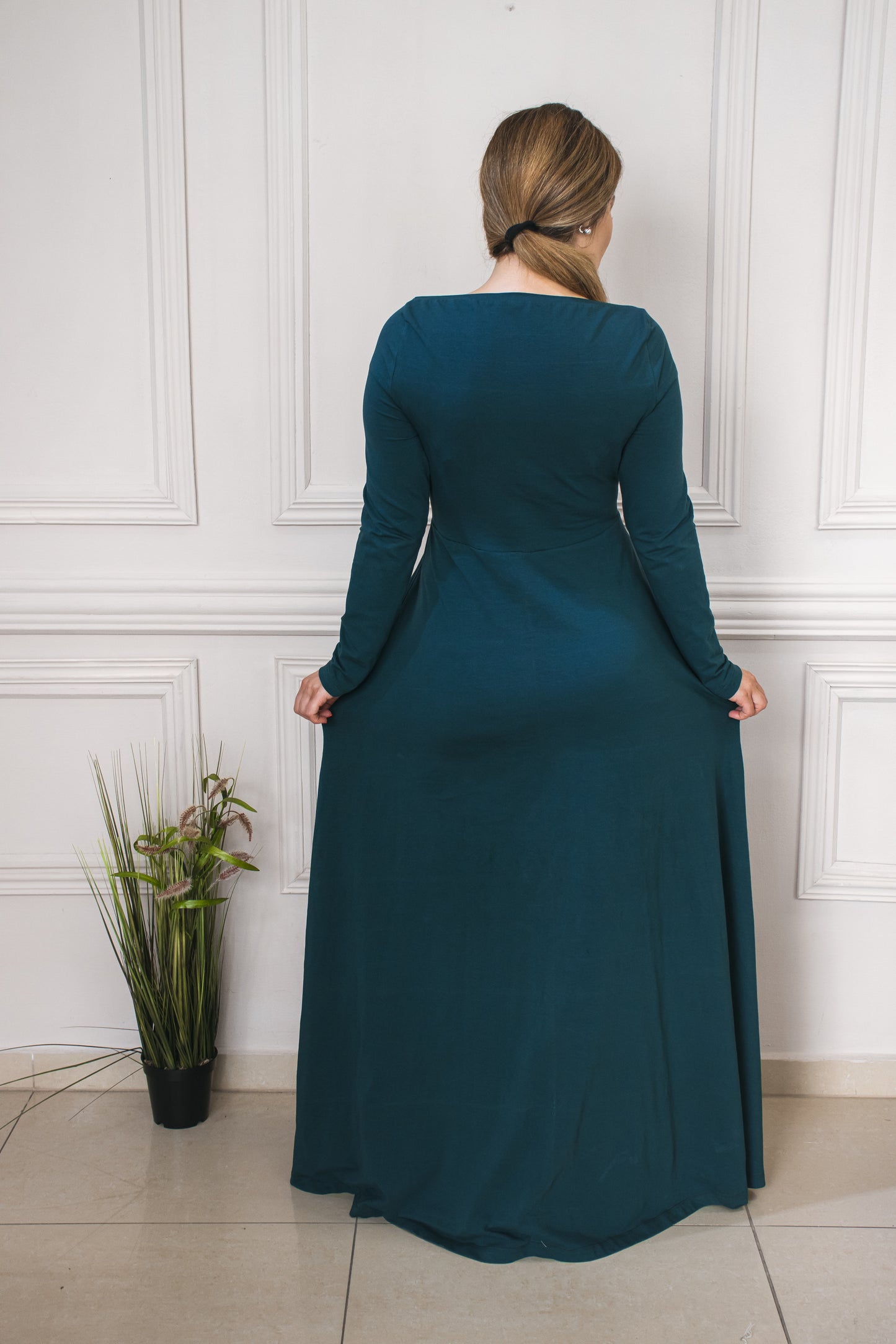 “Venezia” Everyday Long Dress In Green Charcoal