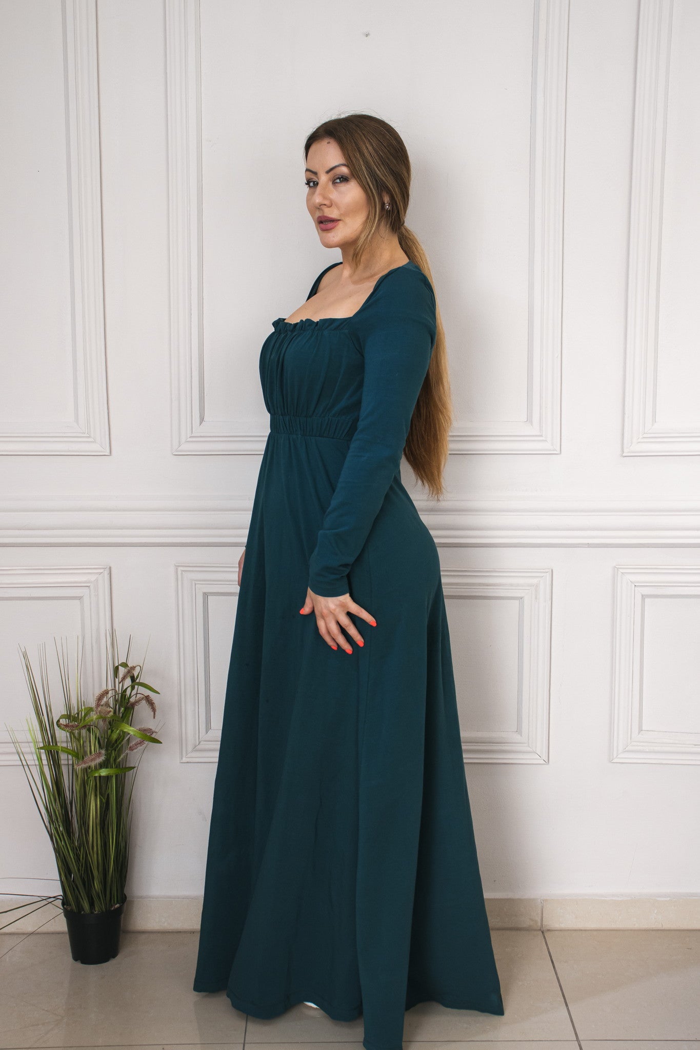 “Venezia” Everyday Long Dress In Green Charcoal