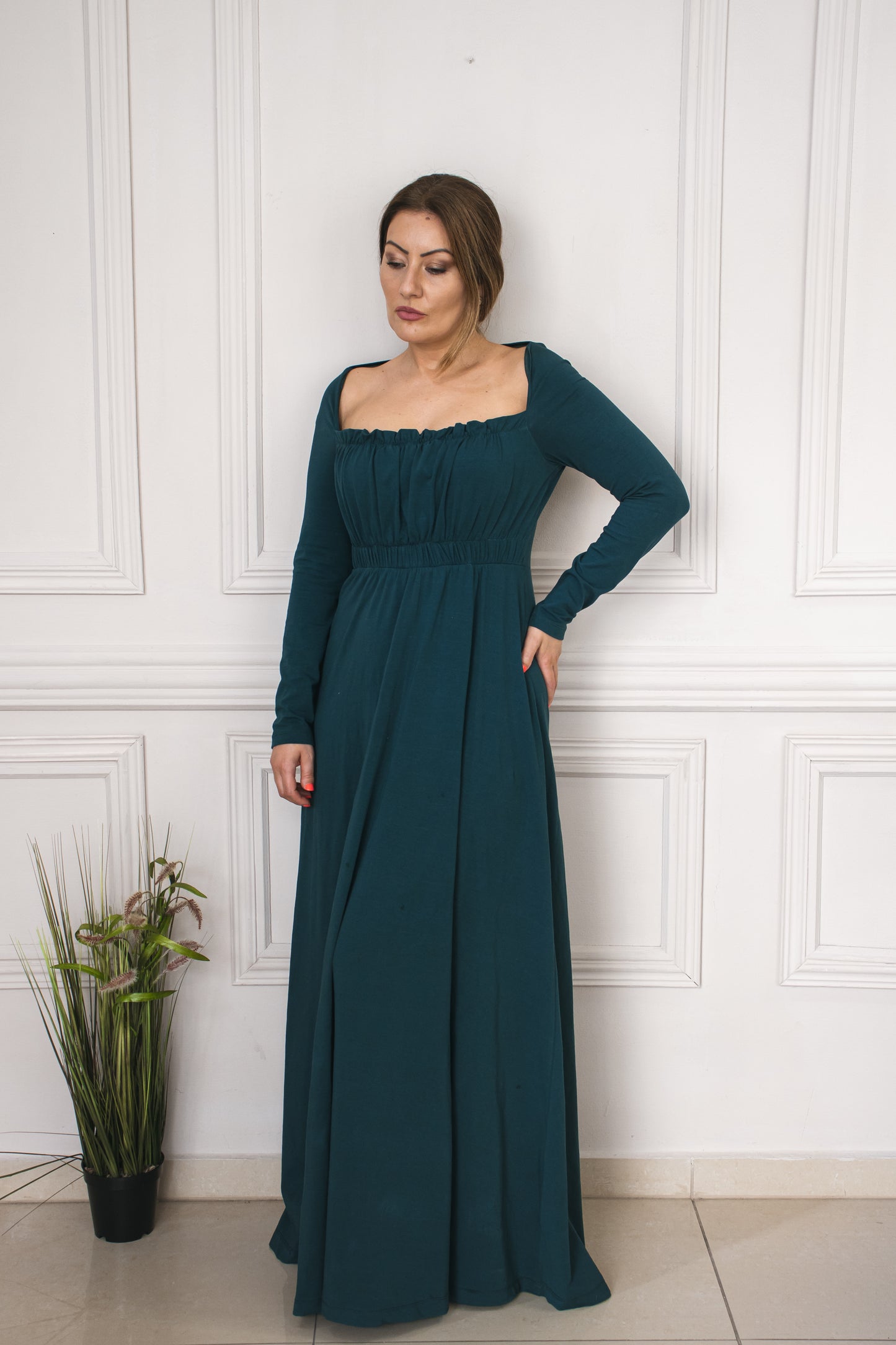 “Venezia” Everyday Long Dress In Green Charcoal