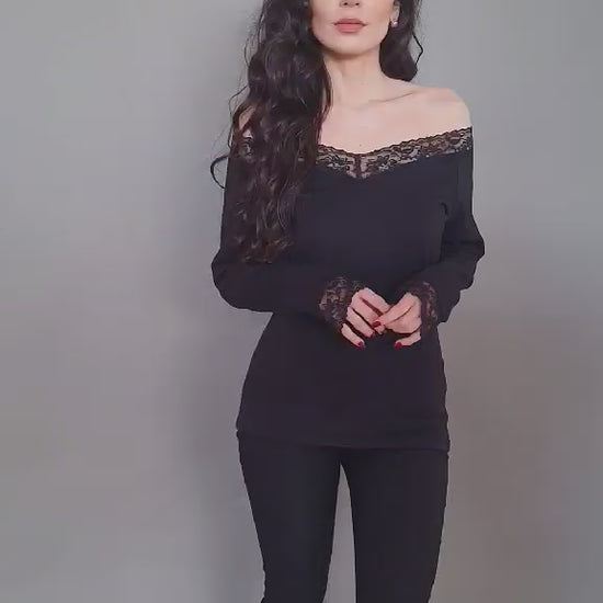 V Neck Feminine Blouse Long Sleeves Elegant Top Casual Blouse Lace Details - video of model showing the blouse