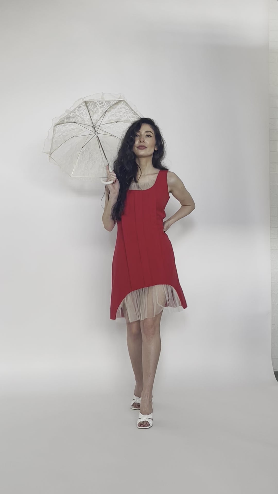 "Mon Paris" Romantic Dress Pleated Design Couture Dress In Red - video of model walking towards the camera wearing the dress