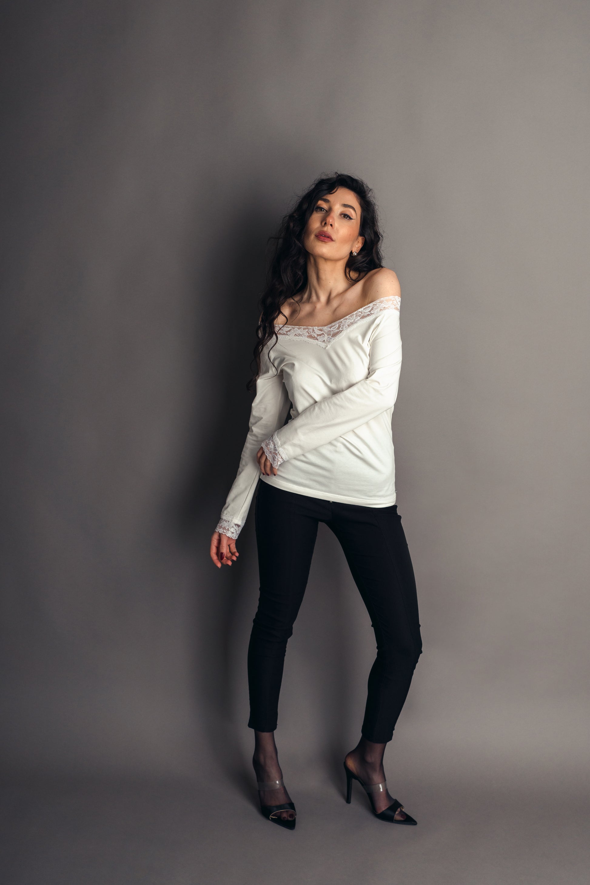 Feminine Lace Blouse V-Neck " Sensual Touch" In White Colour - front full body view