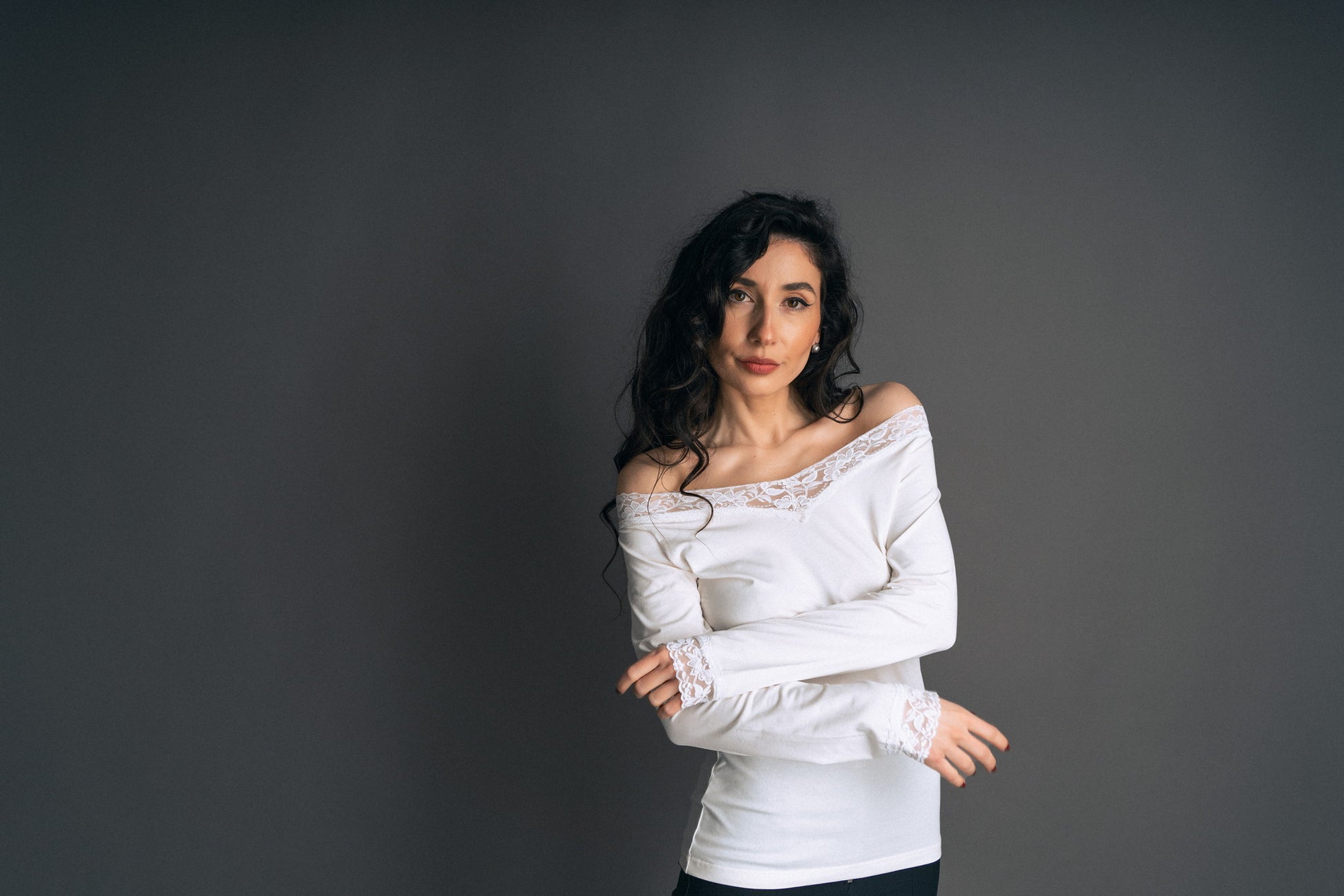 Feminine Lace Blouse V-Neck " Sensual Touch" In White Colour - front